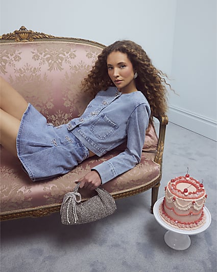 Blue Denim Diamante Bow Button Skort
