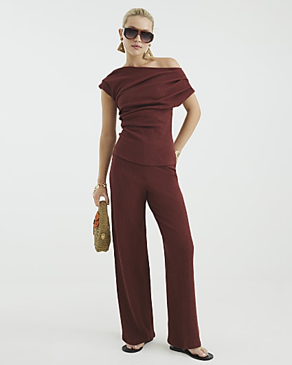 Brown Textured Wide Leg Trousers