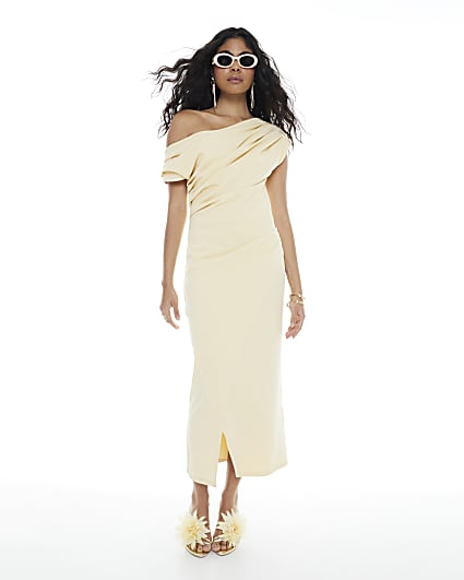 Yellow Asymmetric Drape Wrap Midi Dress