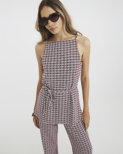 Red Sleeveless Geometric Print Tunic Top