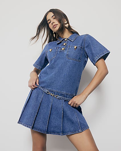 Blue Denim Short Sleeve Pleated Mini Dress