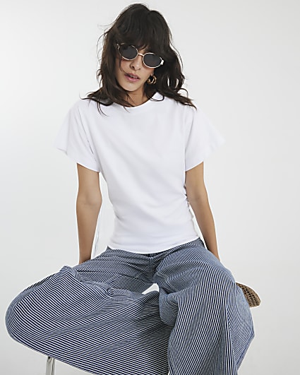 White Ruched Side Kimono Sleeve T-shirt