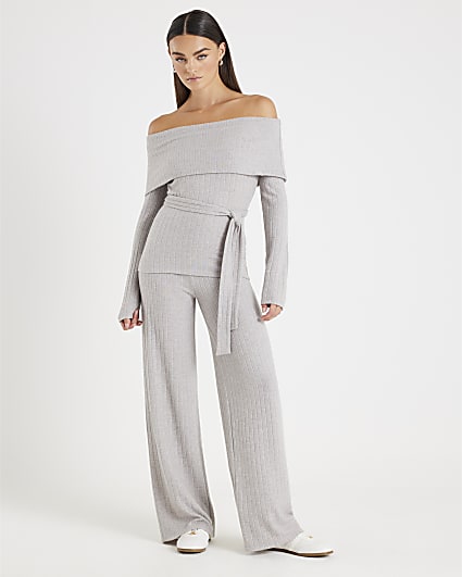Grey Bardot Top And Trousers Loungewear Set