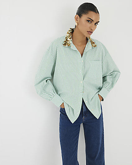 Green Stripe Embellished Collar Shirt