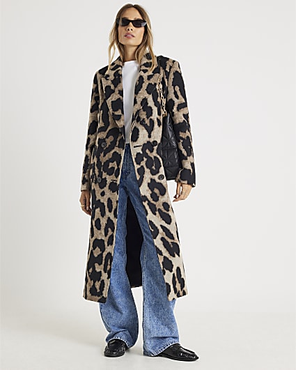 Brown Brushed Leopard Print Coat
