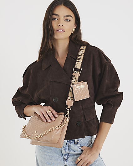Beige Patent Chain Cross Body Bag