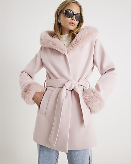 Pink Faux Fur Trim Hooded Coat