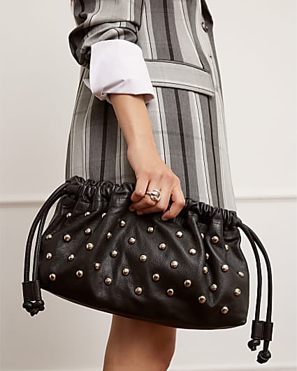 Black Leather Studded crossbody Clutch bag