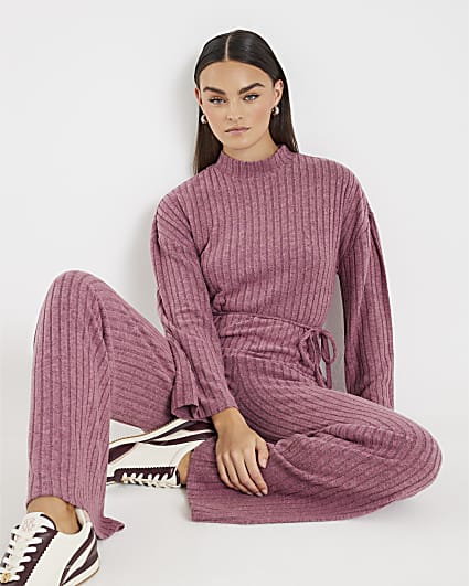 Pink Tie Waist Ribbed Cosy Lounge Set