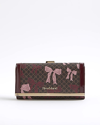 Brown Bow Monogram Print Clip Top Purse
