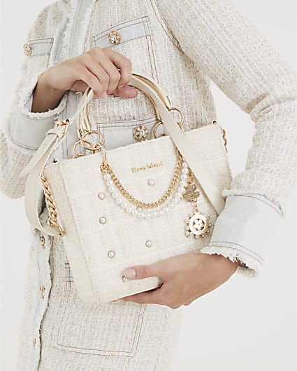 Cream Boucle Quilted Charm Tote Bag