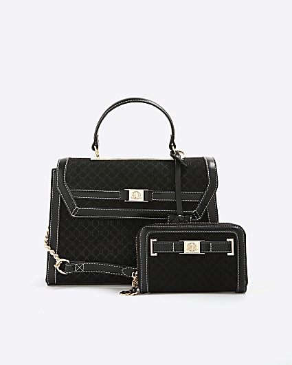 Black Faux Suede Monogram Tote Bundle Bag