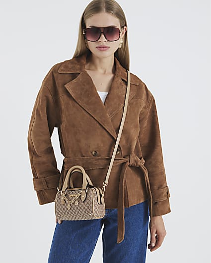 Brown Monogram Print Cross Body Bowler Bag