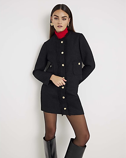 Black Boucle Button Front Mini Skirt