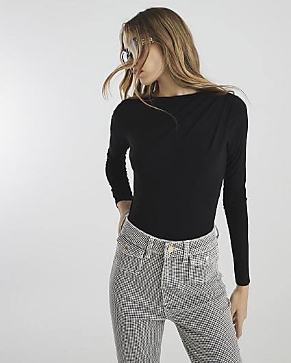 Black Long Sleeve Gathered Neck Bodysuit