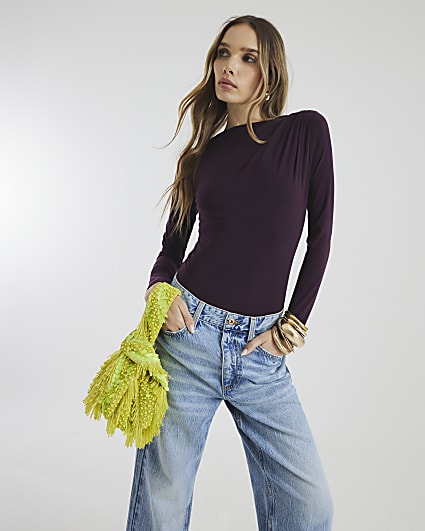 Purple Long Sleeve Gathered Neck Bodysuit