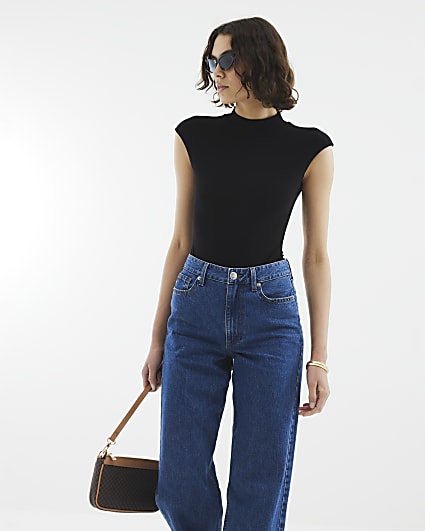 Black Cap Sleeve High Neck Bodysuit