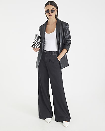 Black Mid Rise Wide Leg Tie Front Jeans