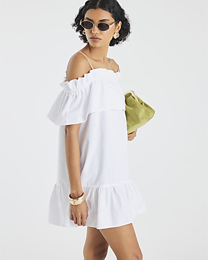 White Ruffle Bardot Mini Dress