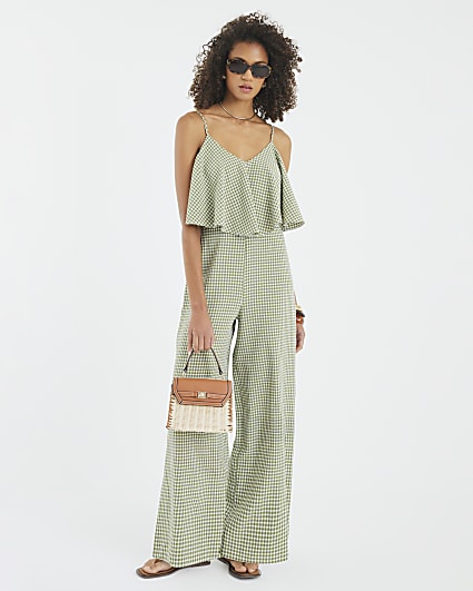Khaki Gingham Double Layer Wide Leg Jumpsuit