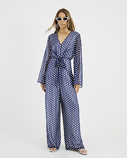 Navy Polka Dot Tie Front Jumpsuit