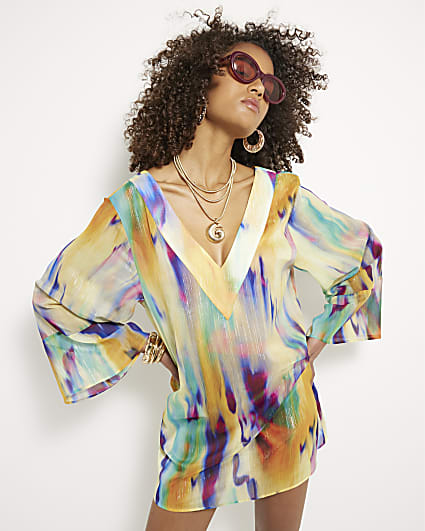Yellow Printed Long Sleeve Beach Dress