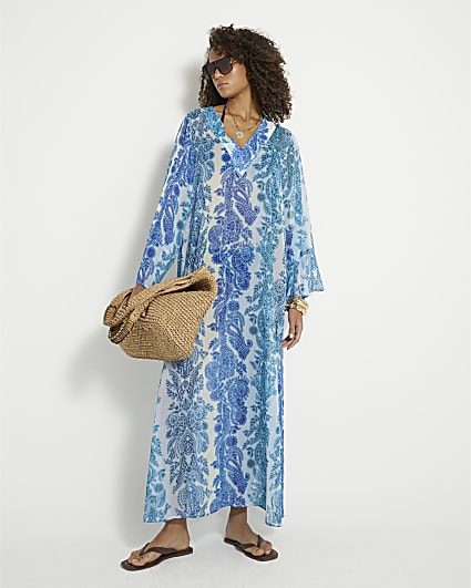 Blue Long Sleeve Paisley Maxi Beach Dress