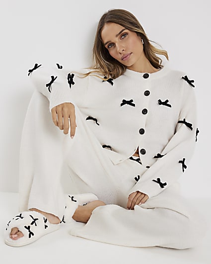 Cream Knitted Bow Detail Loungewear Set