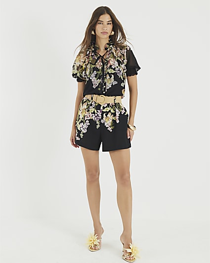 Black Short Sleeve Floral Blouse