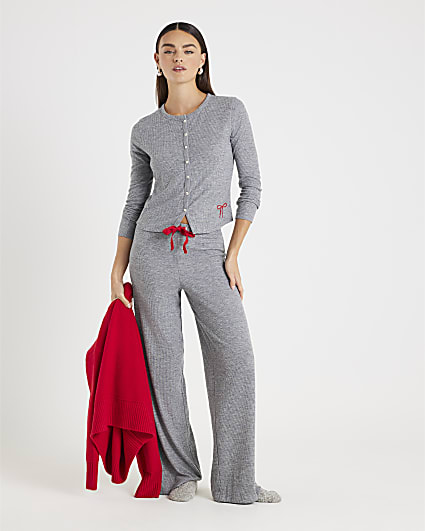 Grey Ribbed Button Up Pyjama Set