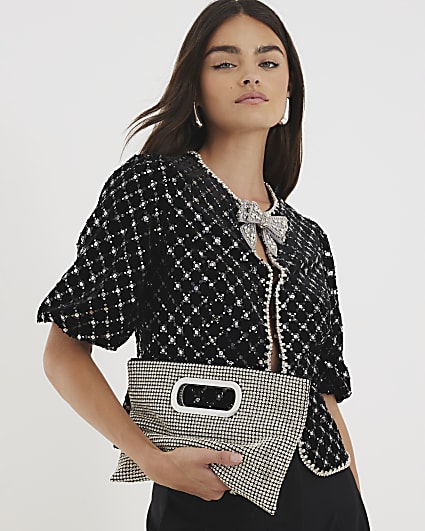 Silver Metal Handle Diamante Clutch Bag
