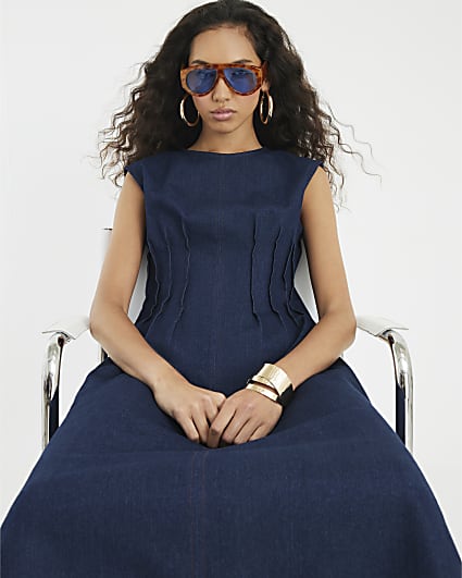 Blue Denim Pintuck Stretch Denim Midi Dress