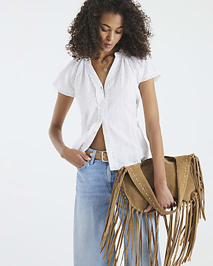 White Short Sleeve Frill V Neck Top