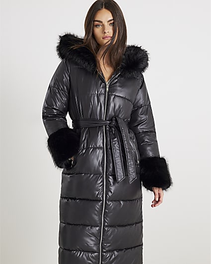 Black Faux Fur Trim Hooded Padded Coat