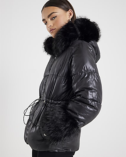 Black Short Faux Fur Hooded Puffer Jacket