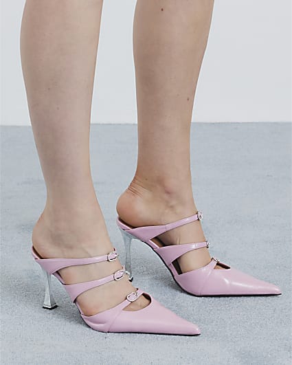 Pink Triple Buckle Heeled Mules
