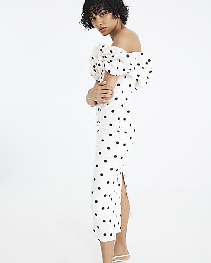 Cream Polka Dot Ruffle Bardot Midi Dress