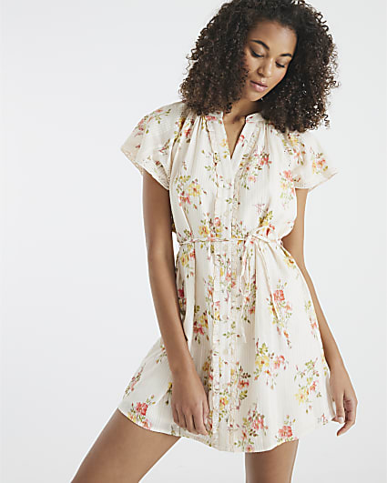 Cream Floral Short Sleeve V Neck Mini Dress