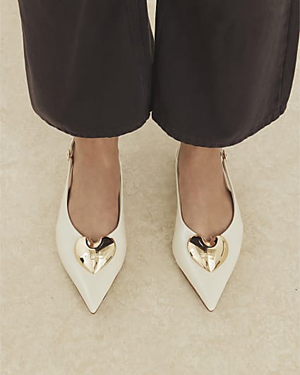 Cream Heart Slingback Flat Shoes