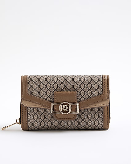 Beige Monogram Panelled Flap Purse