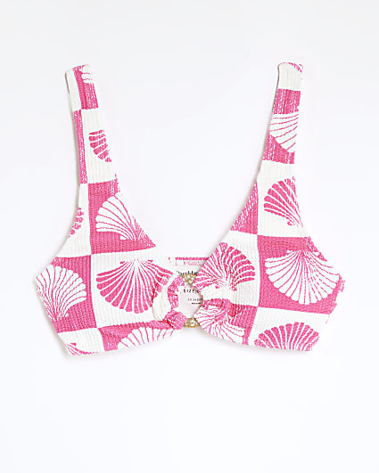 Pink Shell Print Textured Cami Bikini Top