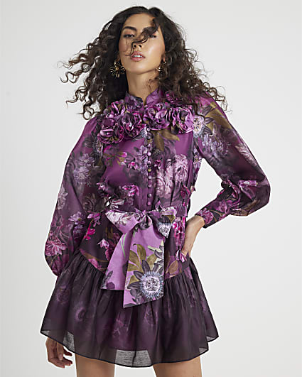 Purple 3D Floral Belted Mini Dress