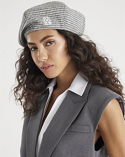 Grey Dogtooth Check Beret