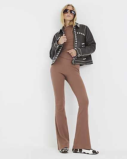 Beige High Waisted Ribbed Flare Leggings