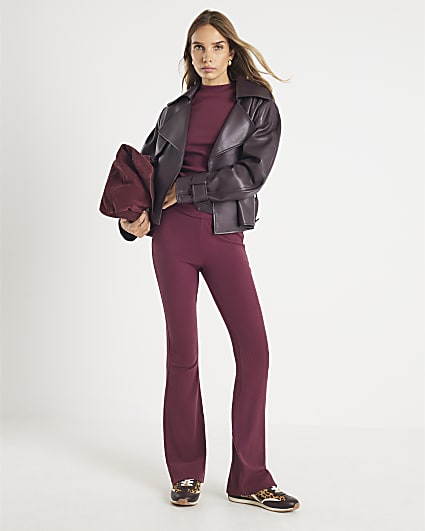 Red High Waisted Ribbed Flared Leggings