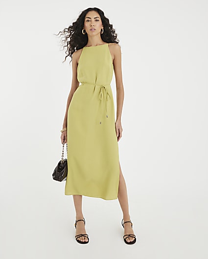Green Tie Front Midi Slip Dress