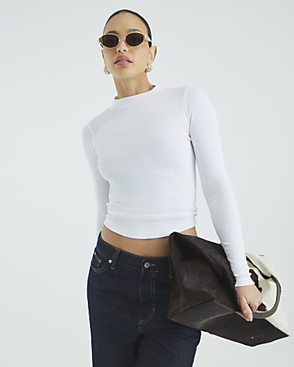 White Long Sleeve Ribbed Crew Neck Top