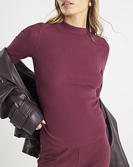 Red Long Sleeve Crew Neck Ribbed Top