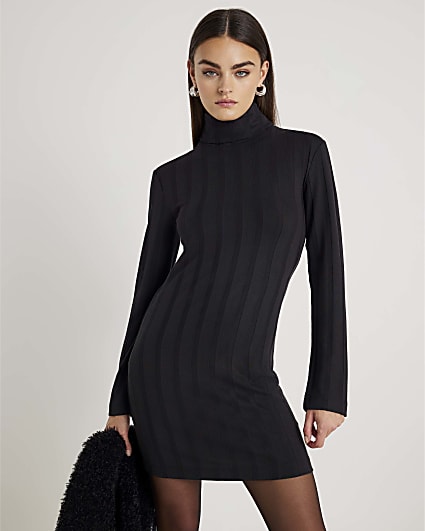 Black Long Sleeve Cosy Wide Ribbed Mini Dress