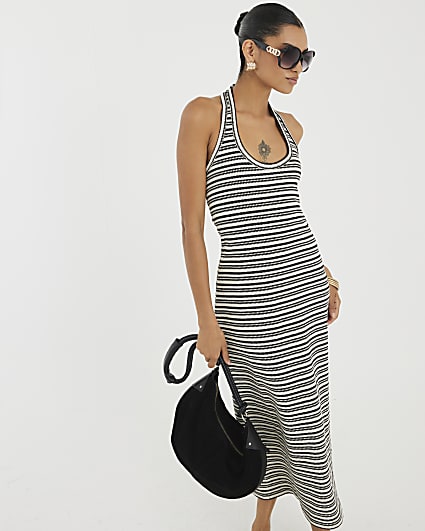 Cream Stripe Halter Neck Midi Dress